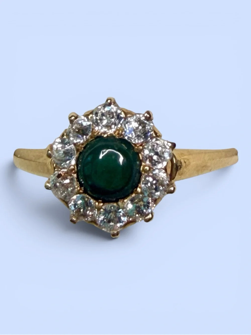 Old European Cut Diamonds .50ct & Jade Cabochon 14K Yellow Gold Ring‎ Estate VTG